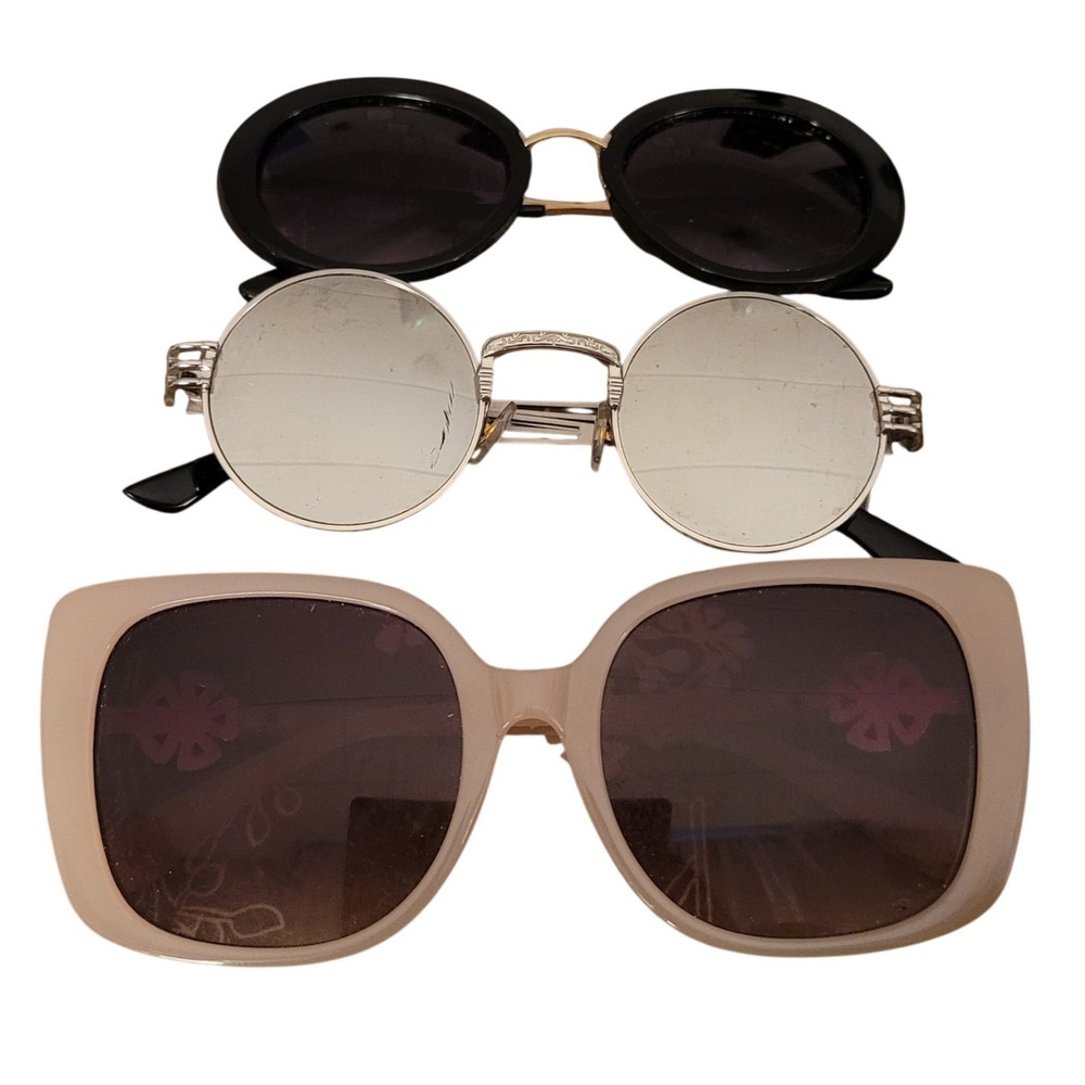 Lot of 3 Womens Fashion Sunglasses‎ Vtg Square Beige Black Round Silver Mirrored